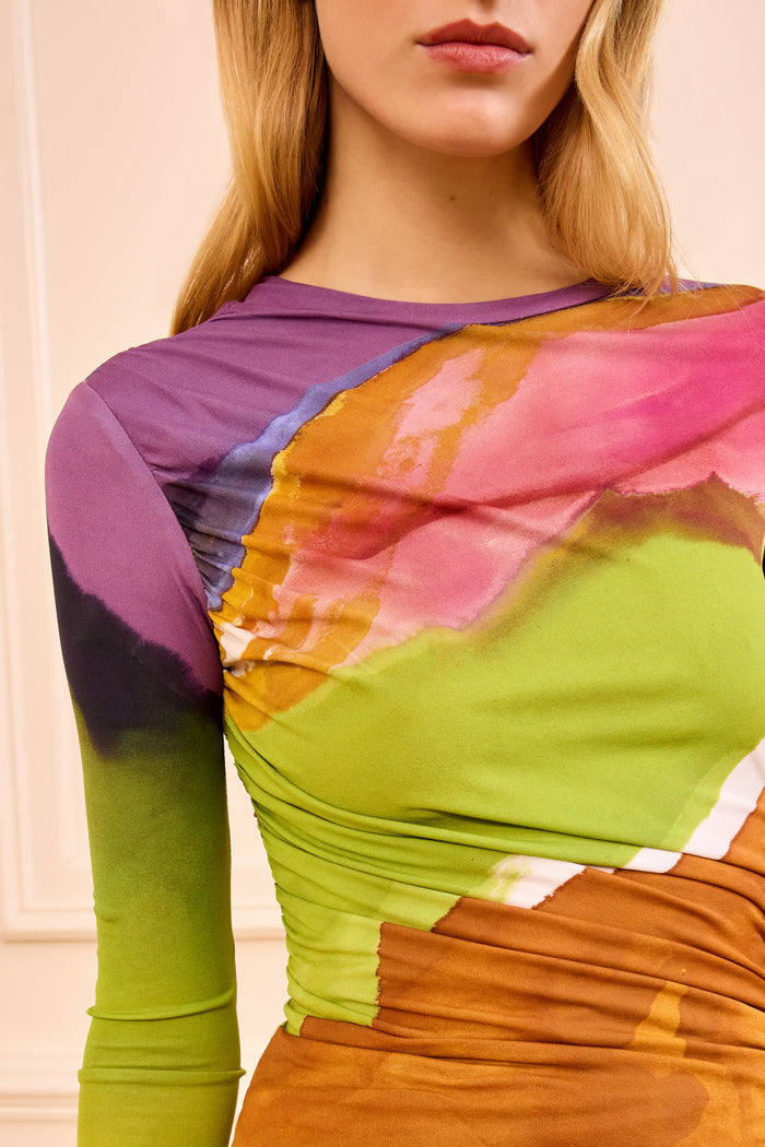 Ruched Jersey Top Close-Up, Frankenthaler-Print in Green, Pink and Amber - Detail | Ulla Johnson