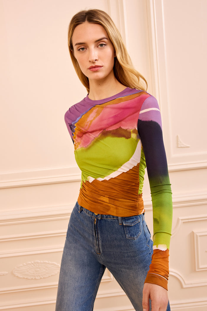 Multicolor Ruched Jersey Long Sleeve Top - Side View, Designer Printed Top | Ulla Johnson