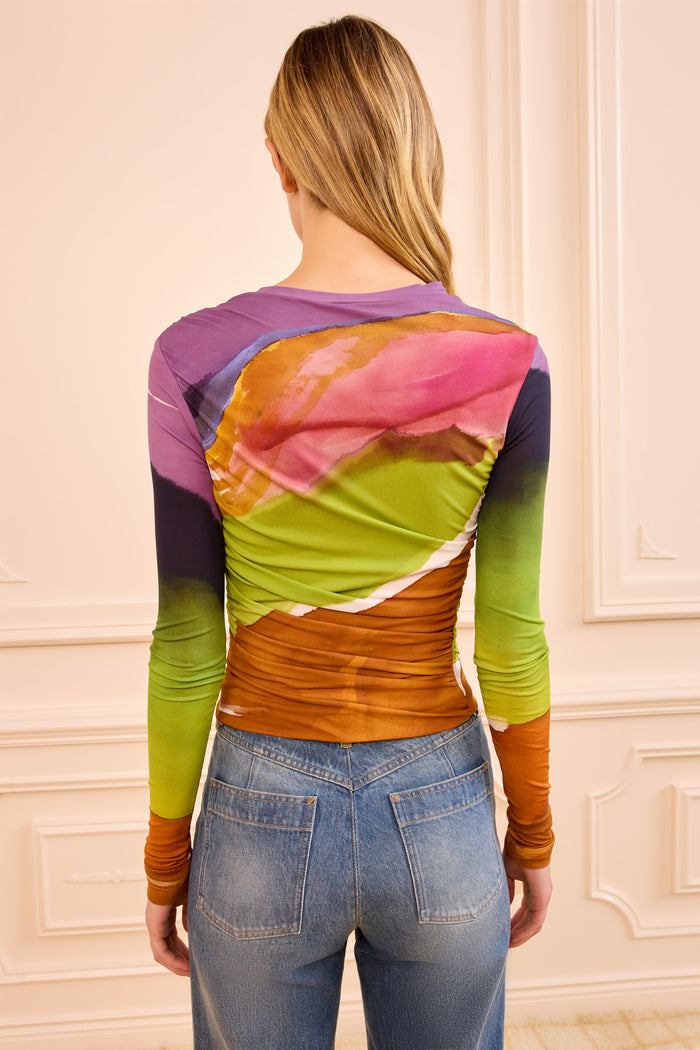 Multicolor Ruched Jersey Top - Back View, Abstract Print Luxury Long Sleeve | Ulla Johnson