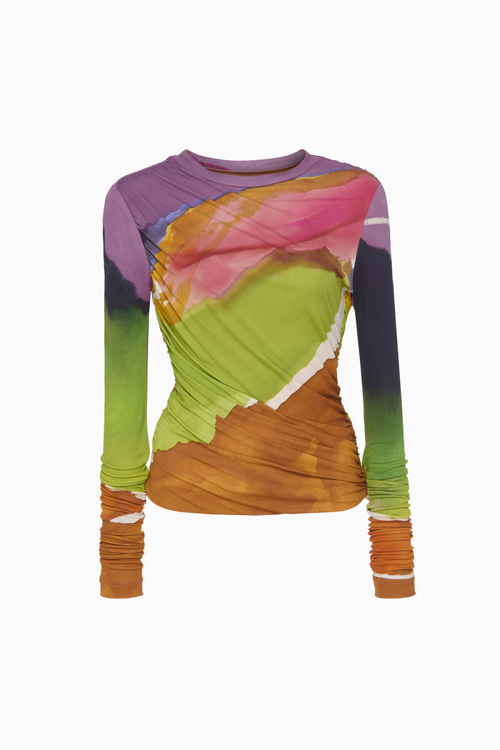 Multicolor Abstract-Print Ruched Jersey Long Sleeve Top - Flat Lay, Designer Top | Ulla Johnson