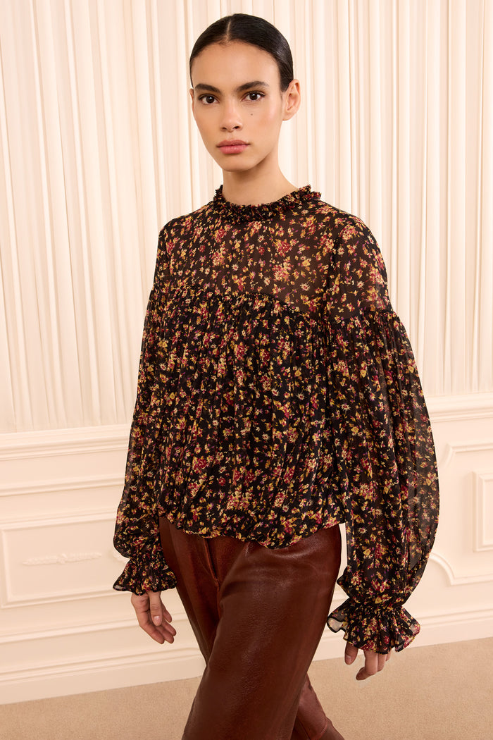 Pearl Long Sleeve Silk Blouse - Noir Mille Fleur