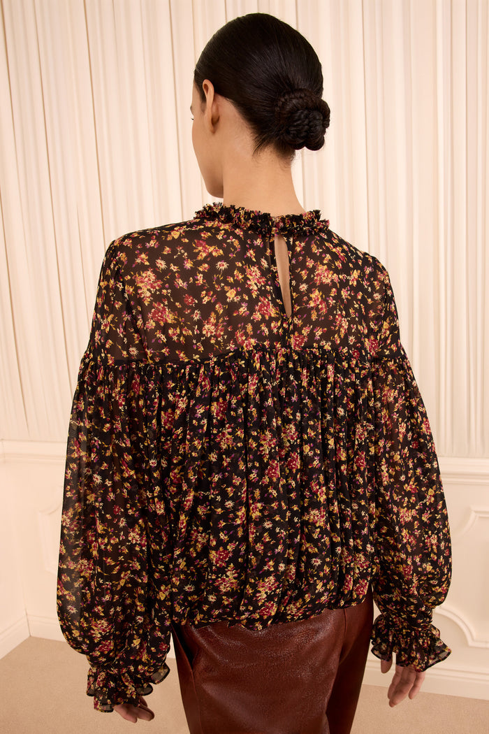 Pearl Long Sleeve Silk Blouse - Noir Mille Fleur