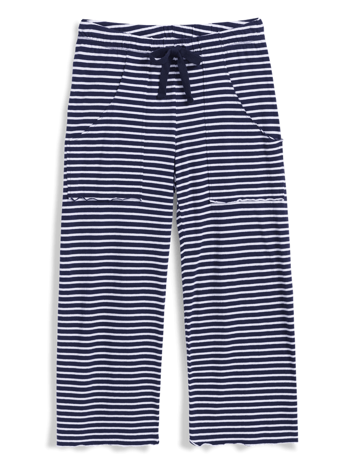 Navy and white striped pants on a black background