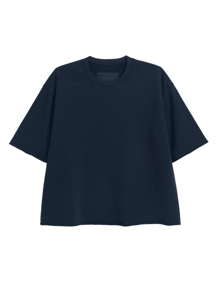 A dark navy blue short-sleeve crewneck t-shirt, presented flat against a solid white background.