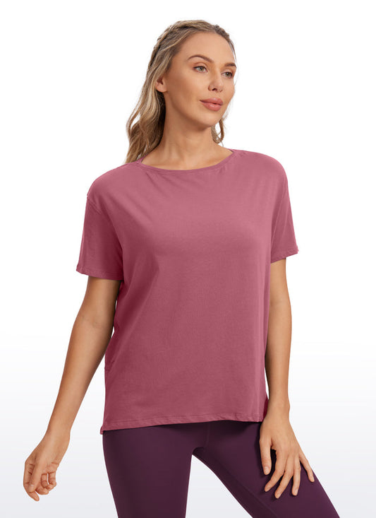 CRZ YOGA Women's Yoga Loose Fit Pima Cotton Short Sleeves Boat Neck Misty Merlot