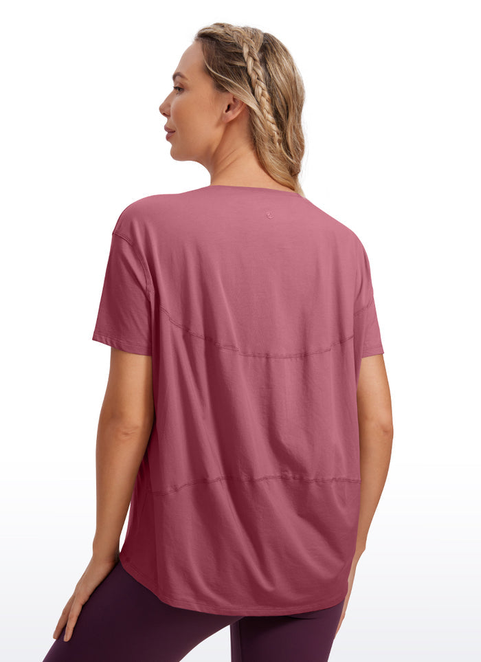 CRZ YOGA Women's Yoga Loose Fit Pima Cotton Short Sleeves Boat Neck Misty Merlot