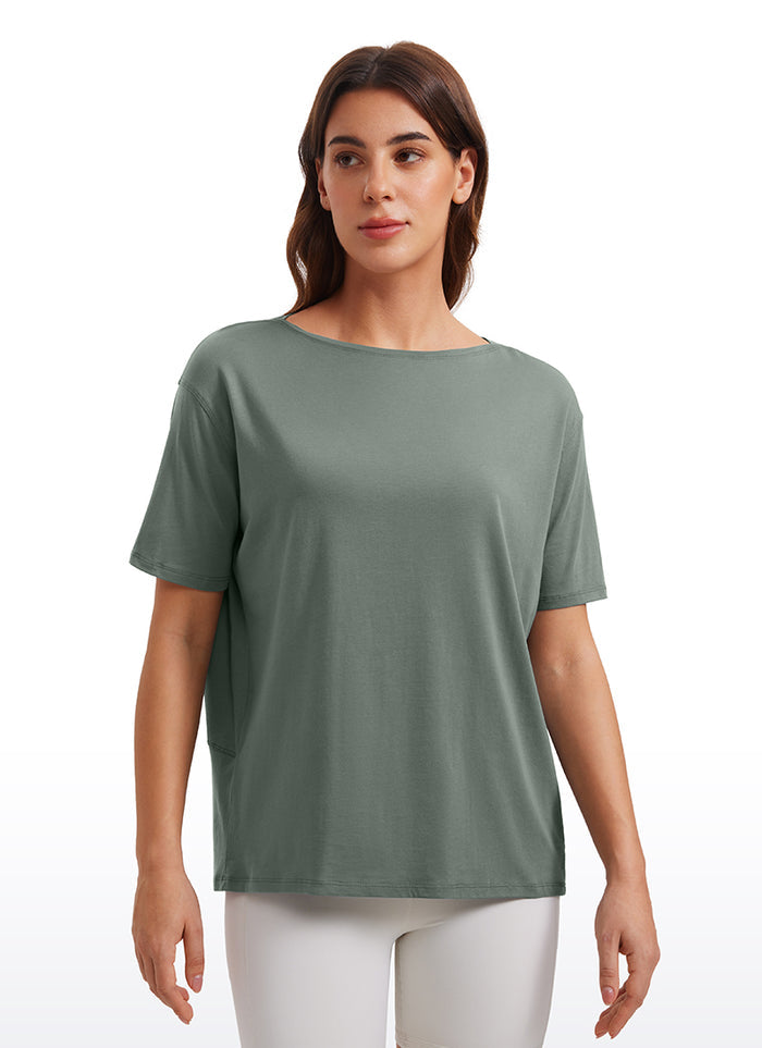 CRZ YOGA Women's Yoga Loose Fit Pima Cotton Short Sleeves Boat Neck Grey Sage