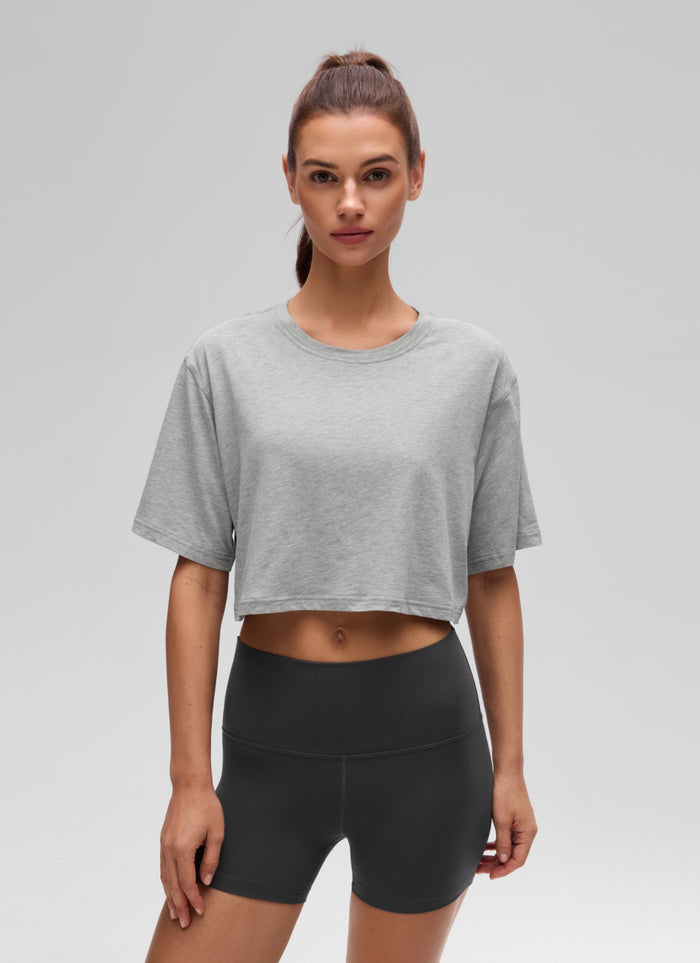 CRZ YOGA Women's Casual Loose Fit Pima Cotton Short Sleeves Cropped Heathered Medium Grey