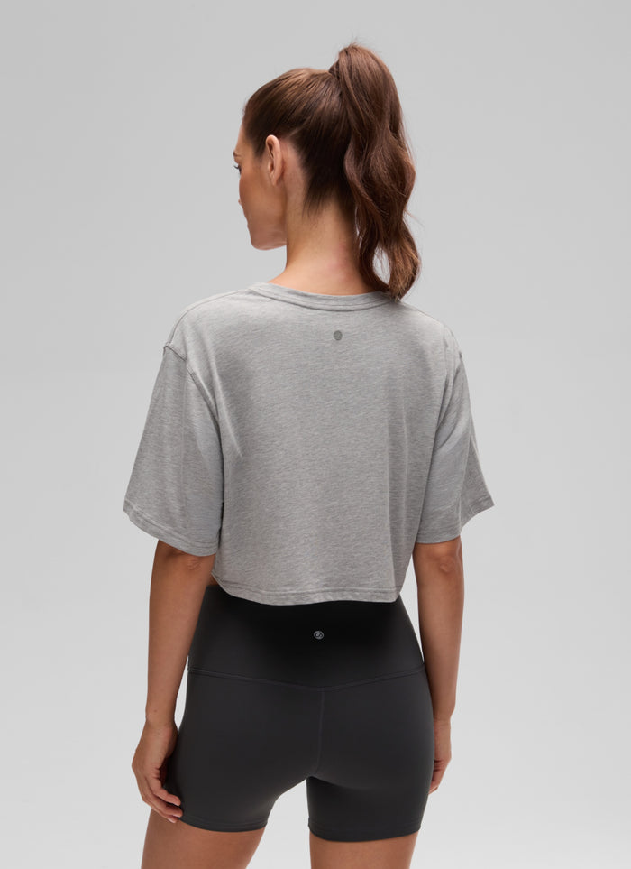 CRZ YOGA Women's Casual Loose Fit Pima Cotton Short Sleeves Cropped Heathered Medium Grey