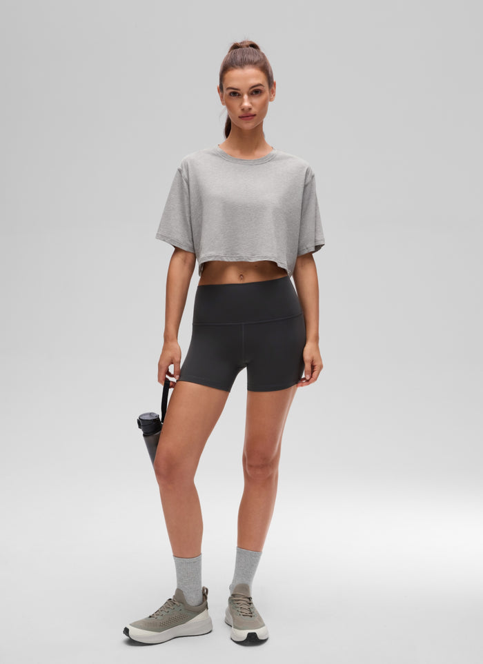 CRZ YOGA Women's Casual Loose Fit Pima Cotton Short Sleeves Cropped Heathered Medium Grey