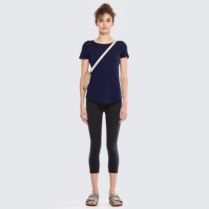 CRZ YOGA Women's Casual Relaxed Fit Shirts Pima Cotton Short Sleeves Navy