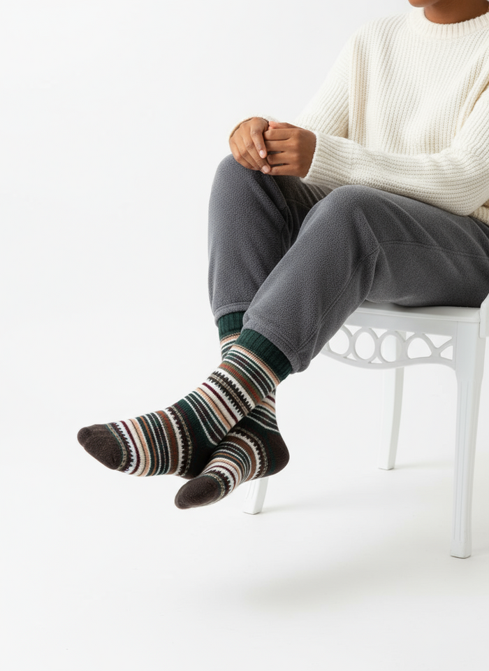 Pine Loom socks flat lay showing forest green and brown heritage wool-blend stripe knit