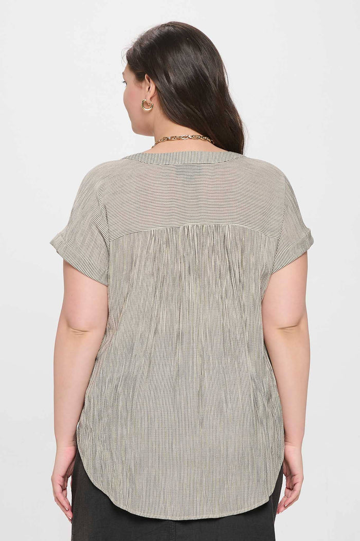 PINSTRIPE SHORT CUFF SLEEVE BUTTON DOWN SHIRT