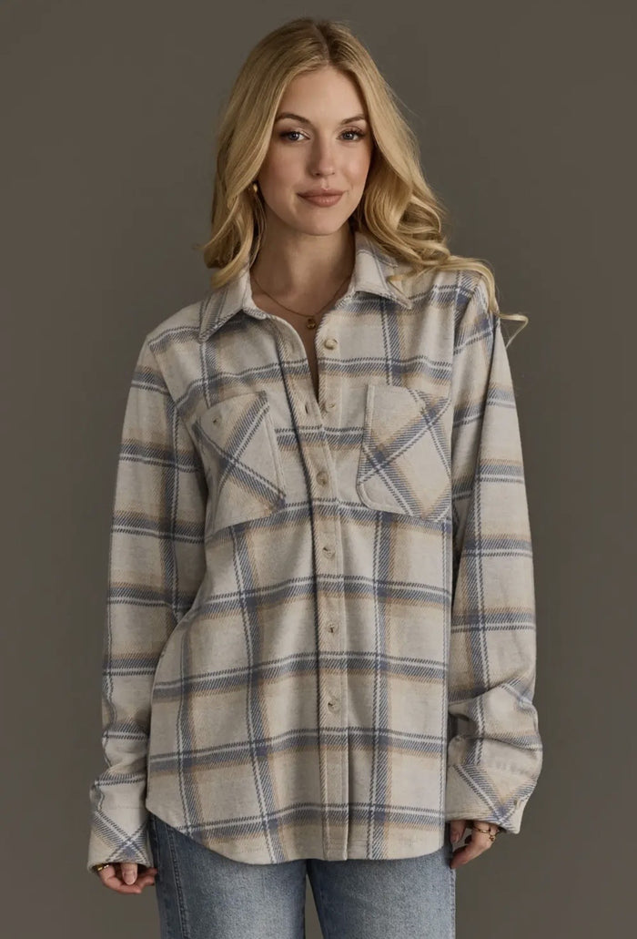 Plaid Button Up Cream/Blue/Tan