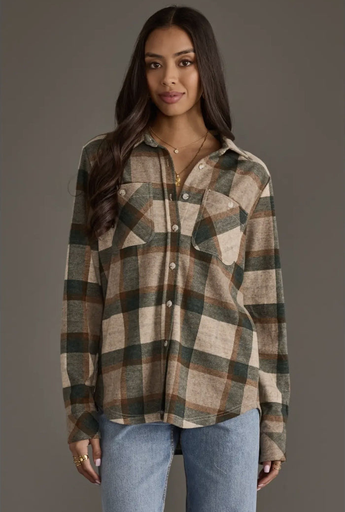 Plaid Button Up Tan/Green/Rust