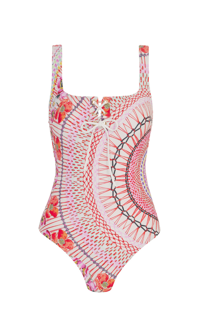 Pomegranate Square Neck One-Piece Swimsuit - Pink Mix