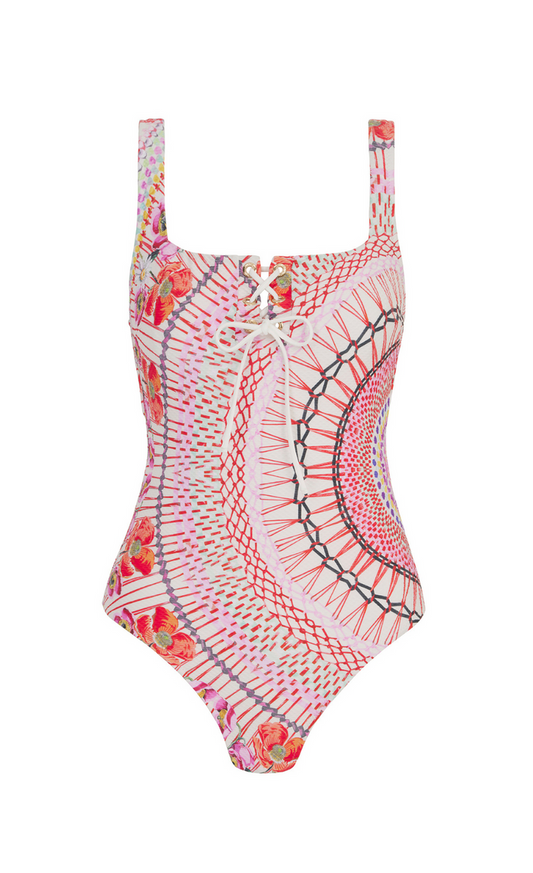 Pomegranate Square Neck One-Piece Swimsuit - Pink Mix