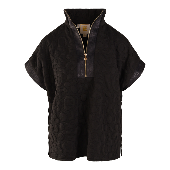 The Poppy Pullover features a sporty look with textured short sleeves, a high collar, gold half-zip front, and cheetah-patterned trim on the cuffs and collar.