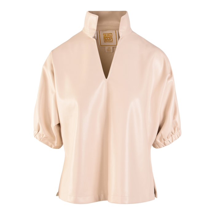 The Poppy Top is a beige vegan leather blouse with short, slightly puffed sleeves, a high collar, V-shaped front slit, loose fit, and a smooth finish.
