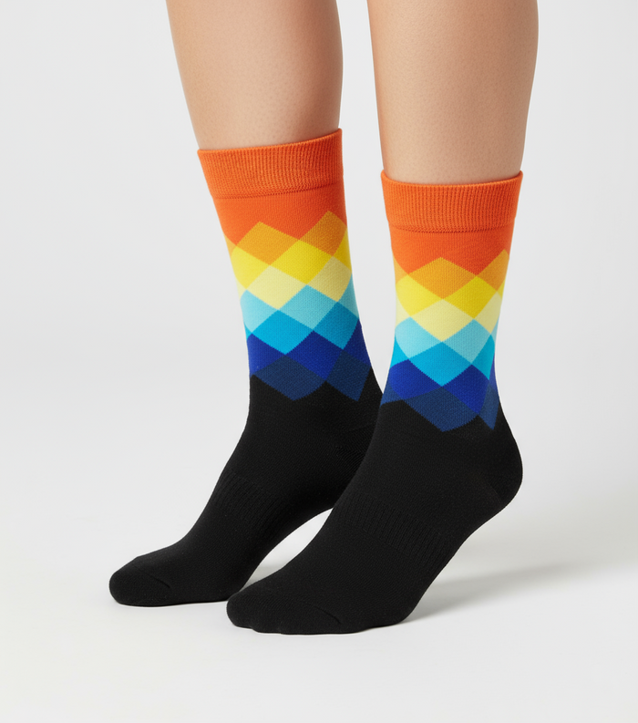 Prestige Sunrise crew socks flat lay showing orange and gold stripe pattern against white
