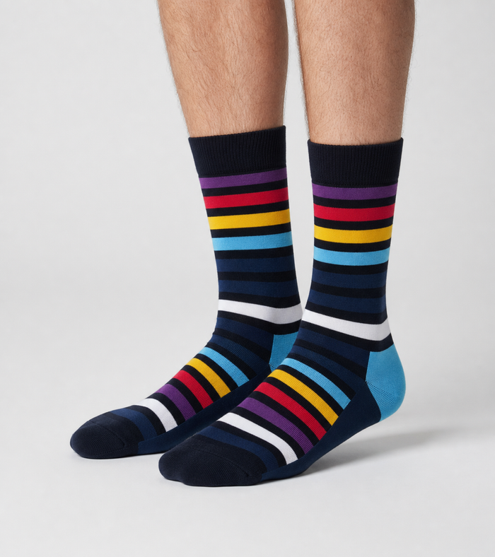 A pair of crew socks with a geometric 3D cube pattern in blue, olive green, mustard yellow, navy, and white, worn on a model's feet against a light gray background.