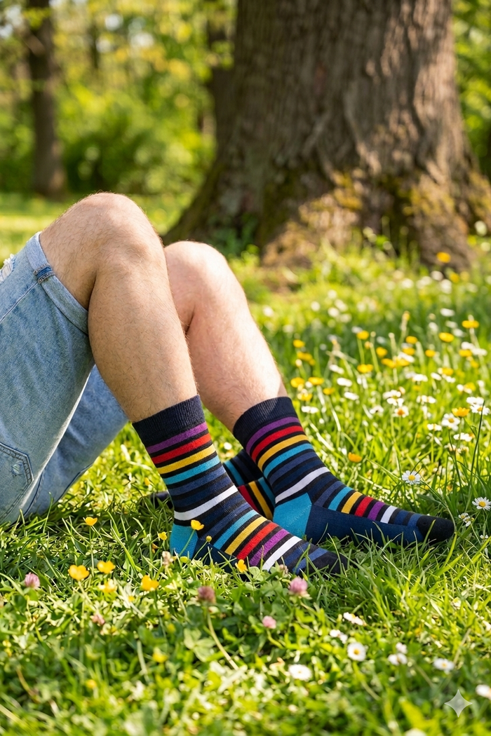 Pulse Stripe socks on model showing how the bold color block reads against a casual outfit