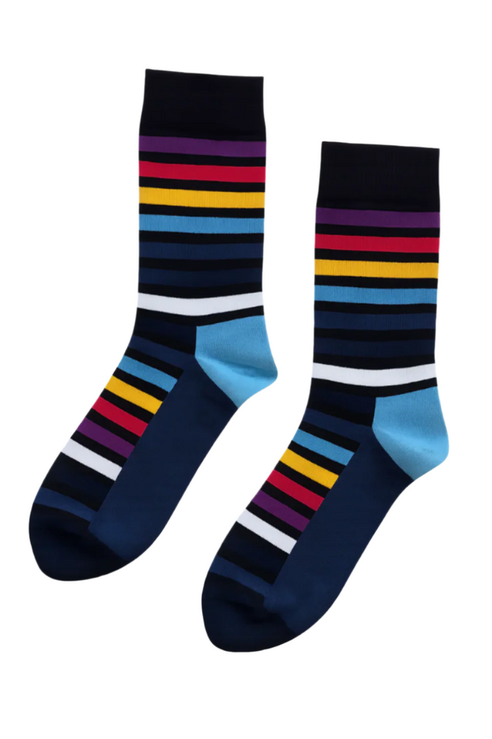 Pulse Stripe socks close-up showing red and navy block stripe construction and knit detail
