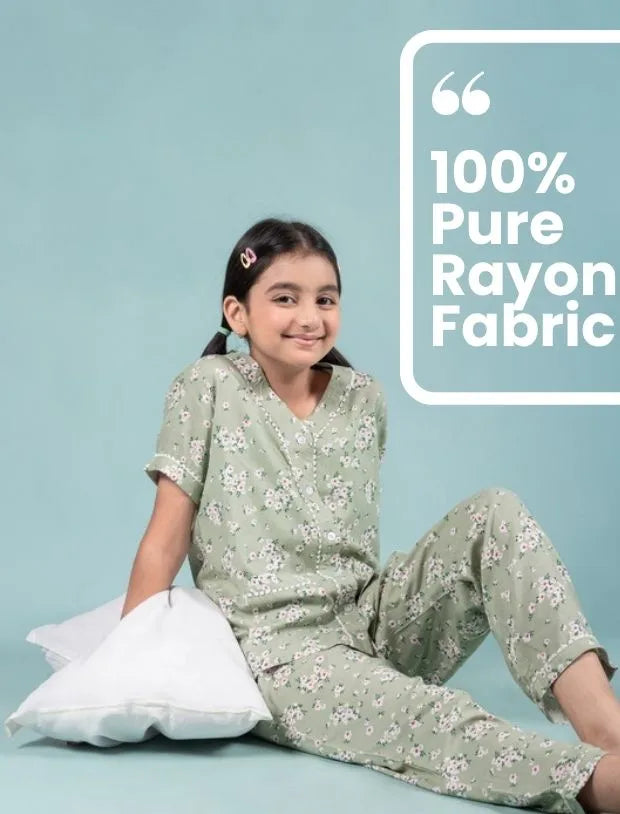 Pure Rayon Floral Night Dress for Girls Kids (Half Sleeve, Green)