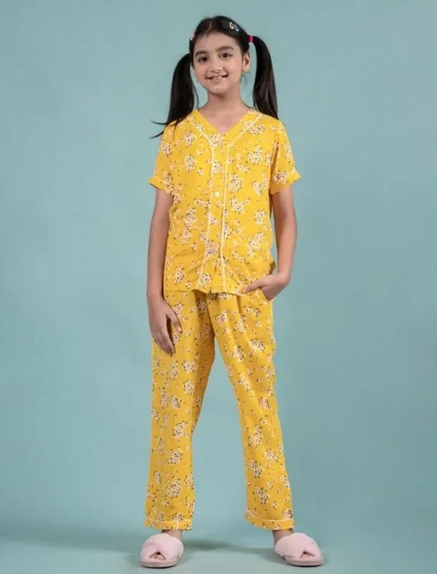 Pure Rayon Floral Nightwear for Girls Kids (Half Sleeve, Yellow)