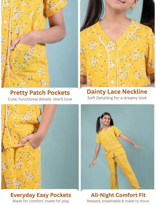 Pure Rayon Floral Nightwear for Girls Kids (Half Sleeve, Yellow)