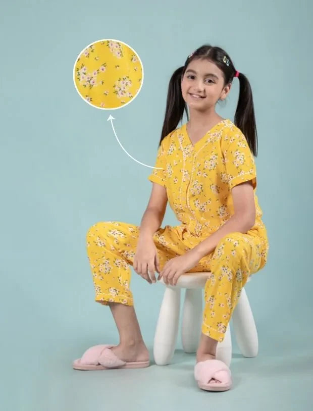 Pure Rayon Floral Nightwear for Girls Kids (Half Sleeve, Yellow)