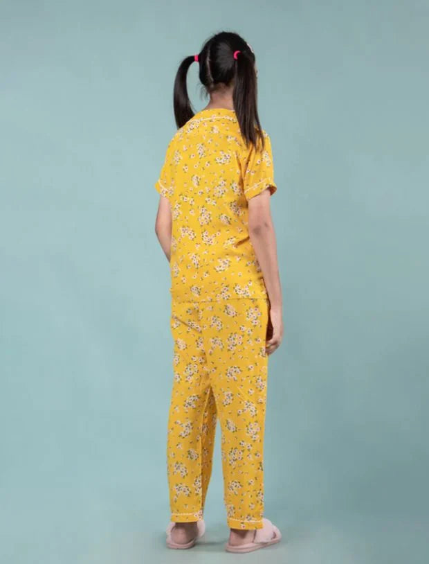 Pure Rayon Floral Nightwear for Girls Kids (Half Sleeve, Yellow)
