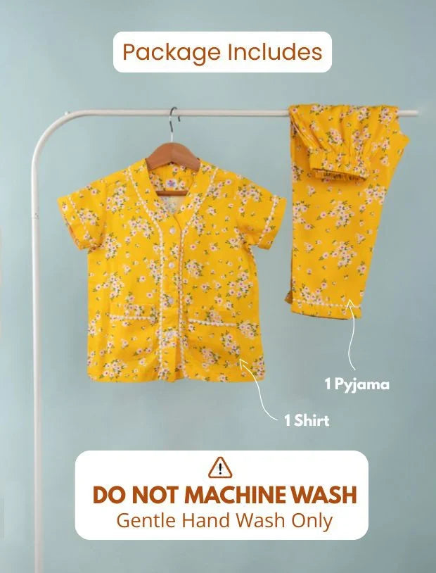 Pure Rayon Floral Nightwear for Girls Kids (Half Sleeve, Yellow)