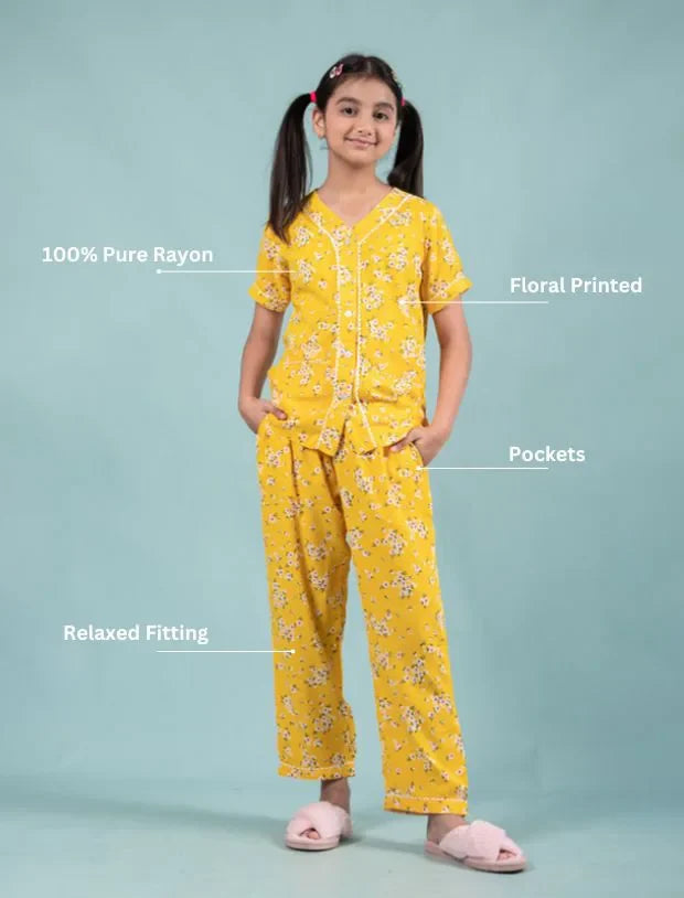 Pure Rayon Floral Nightwear for Girls Kids (Half Sleeve, Yellow)