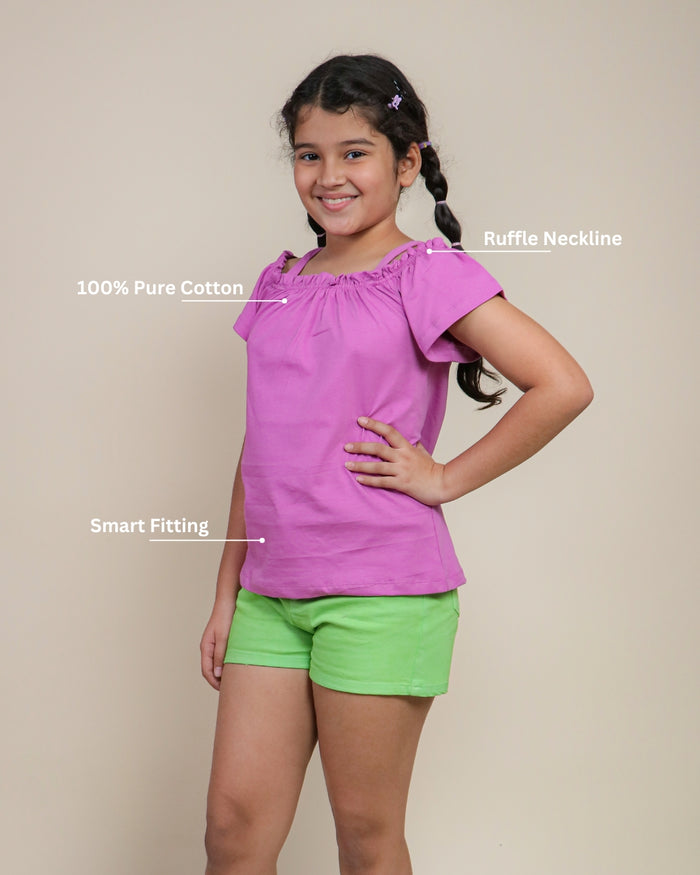 Pure Cotton Magenta Top with Green Shorts for Kids Girls -Tweeny Mini