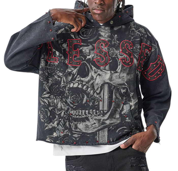 Raw-Edge Blessed French-Terry Hoodie Taker