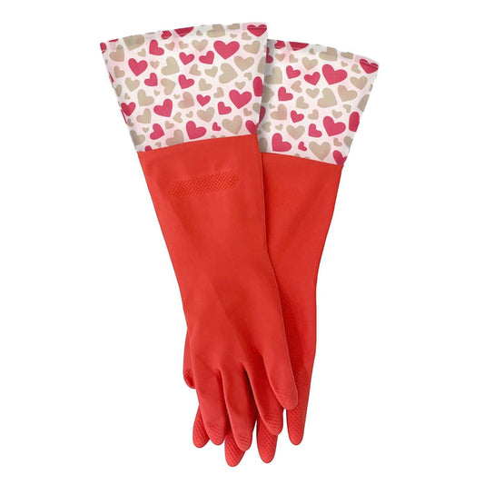 red rubber cleaning gloves with a white cuff feature pink and grey hearts pattern