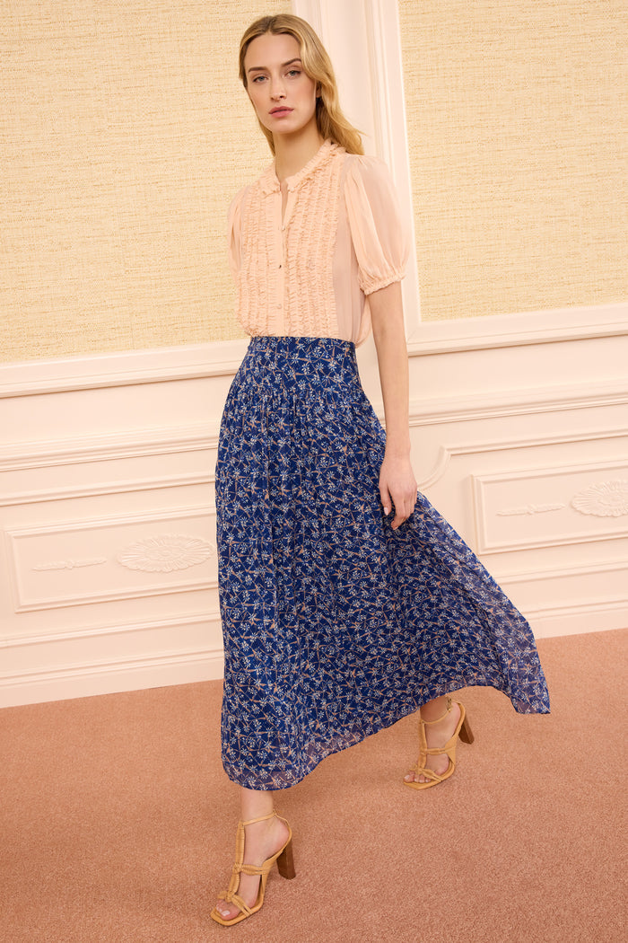 Dusk Blue Silk Georgette Reina Skirt - Shibori Floral Print, Front View On Model | Ulla Johnson