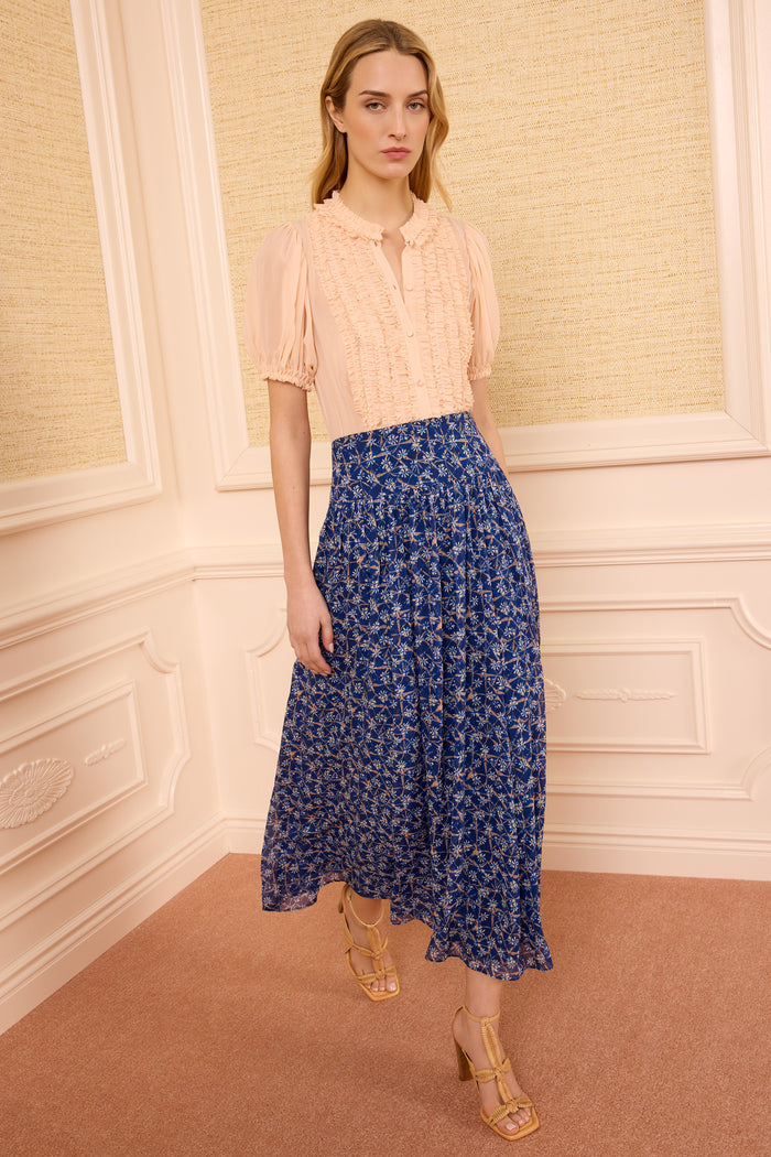 Dusk Blue Designer Silk Reina Skirt - Floral Shibori Midi, Front On Model | Ulla Johnson