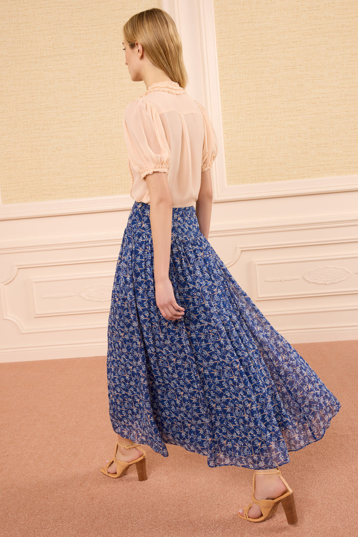 Dusk Blue Luxury Silk Reina Skirt - Back View, Cascading Shibori Print Midi | Ulla Johnson