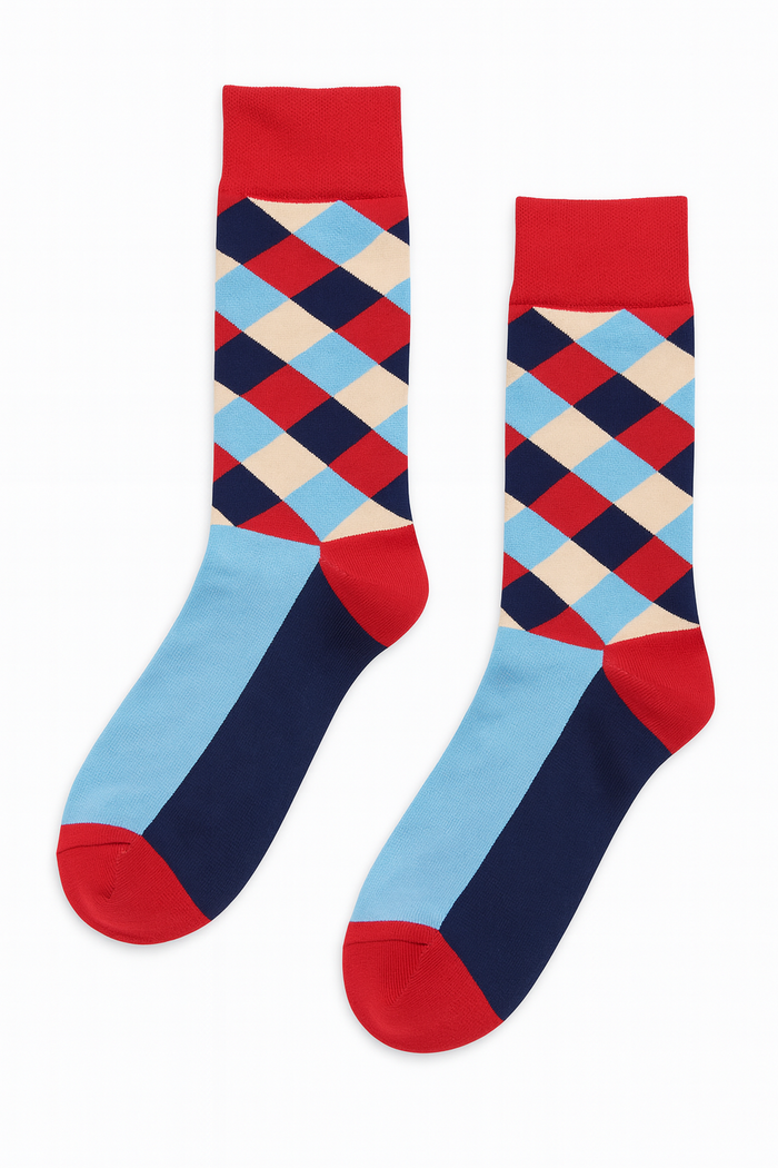 Retro Riot socks close-up showing red, light blue, and navy diamond argyle construction