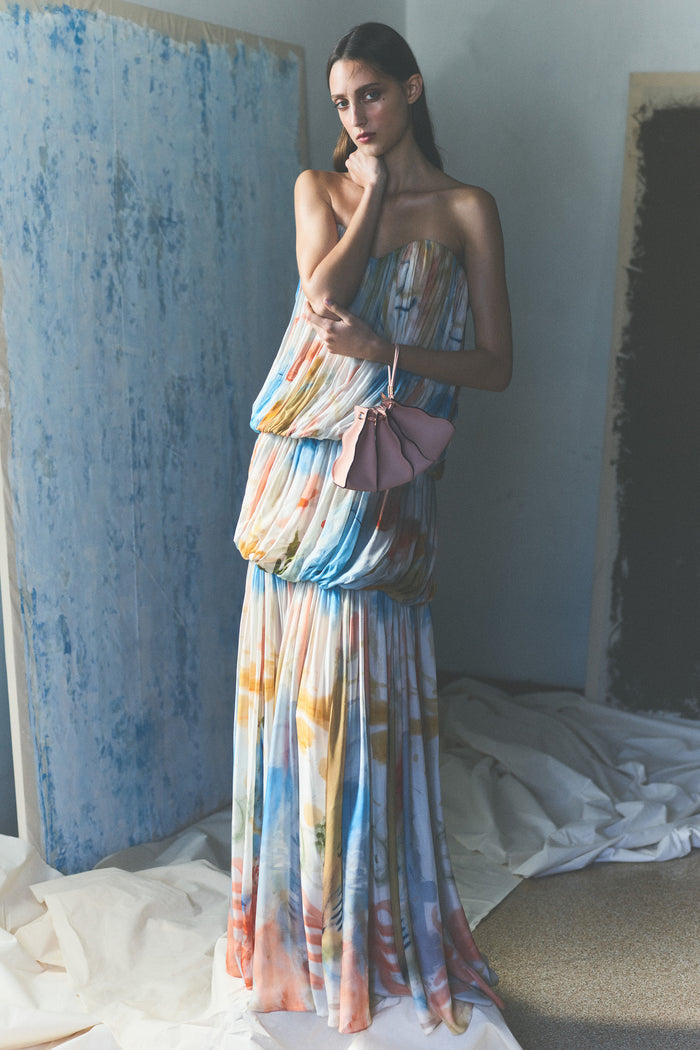 Multicolor Silk Strapless Maxi Gown - Styled Editorial with Pink Bag | Ulla Johnson