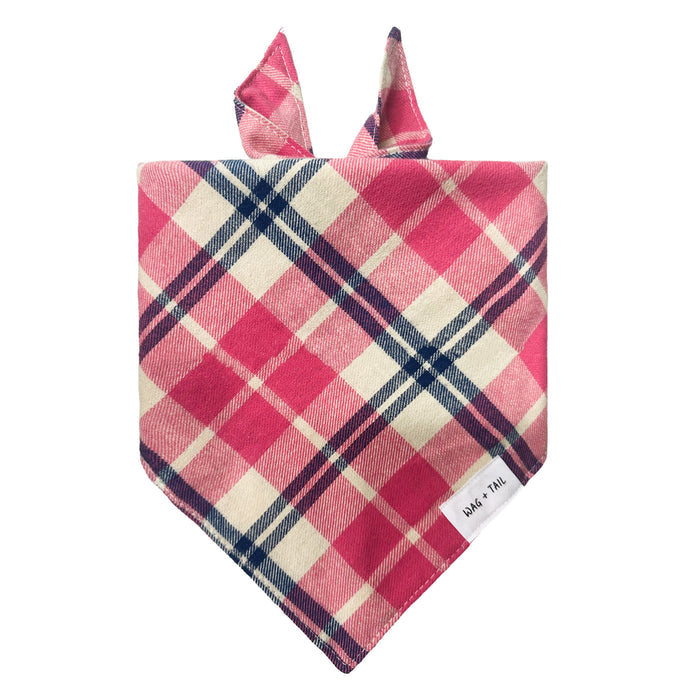 Rose Plaid dog bandana lifestyle shot showing soft rose plaid tied on dog