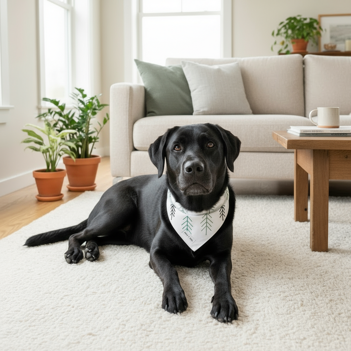 Wag + Tail Frosted Pines reversible bandana showing pine and winter print side