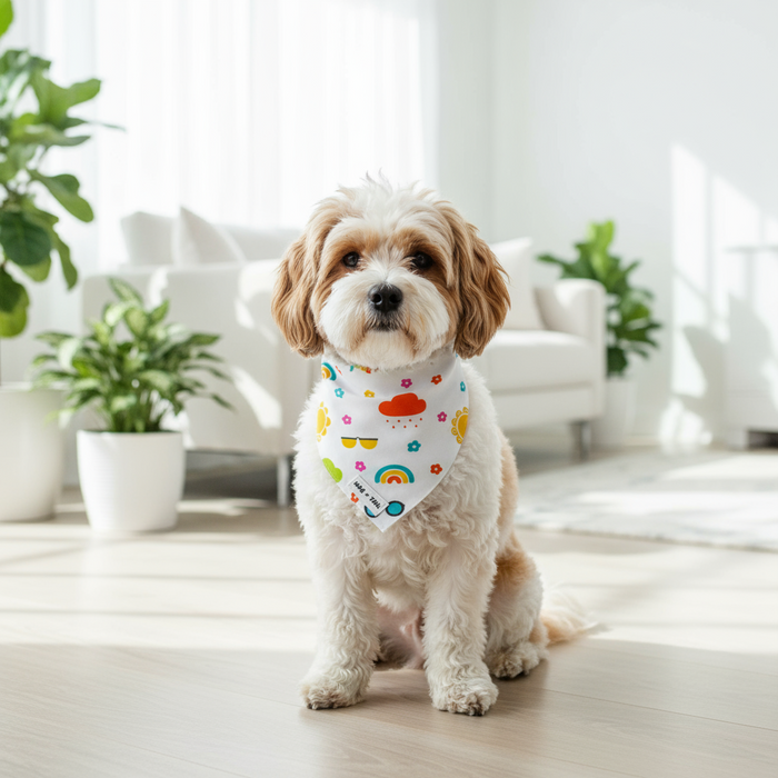 Wag + Tail Holiday in the Sun reversible bandana showing bright holiday print side