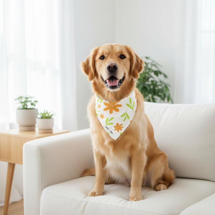 Wag + Tail Rustic Charm reversible bandana showing warm earthy rustic print side