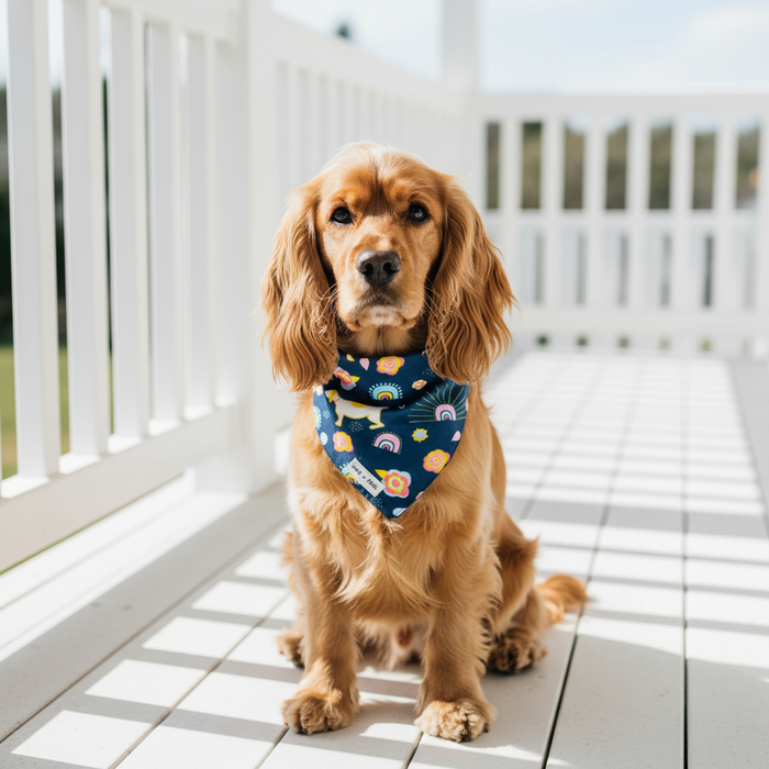 Wag + Tail Pastel Meadows reversible bandana showing soft pastel floral print side