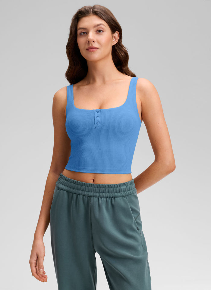 CRZ YOGA Women Longline Square Neck Padded Yoga Crop Tank Top Party Blue
