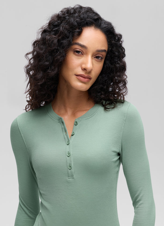 CRZ YOGA Womens Fitted Casual Ribbed Modal Henley Shirts Long Sleeves Green Palm Court