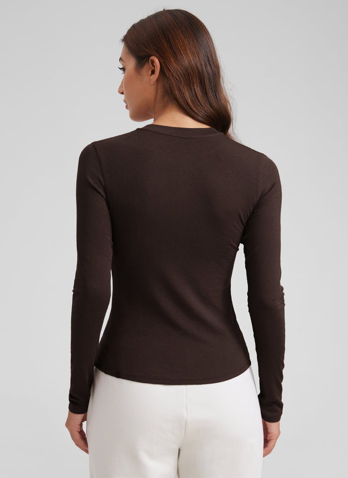 CRZ YOGA Womens Fitted Casual Ribbed Modal Henley Shirts Long Sleeves Hot Fudge Brown